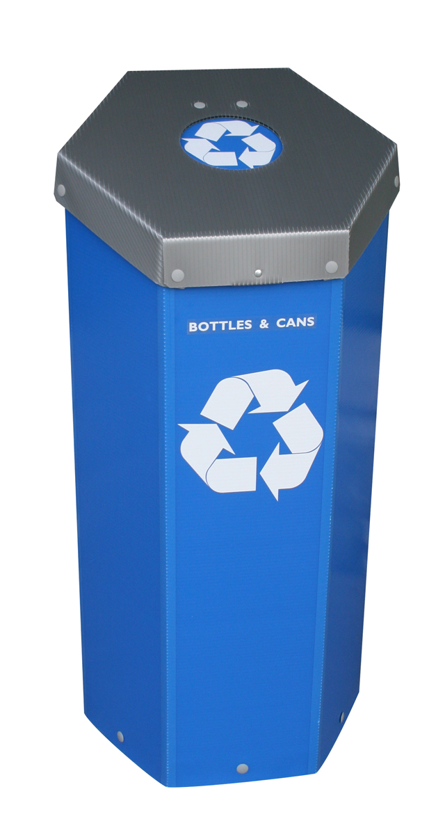 Hexcycle® IV Blue Can & Bottle Recycling Bin with a Spring Loaded Flap